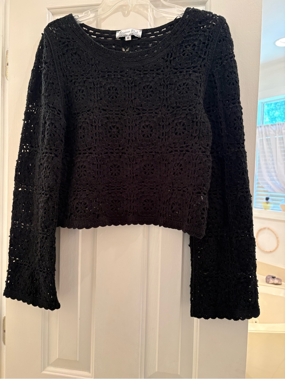 American Flirt Black Crochet Long-Sleeve Crop Sweater